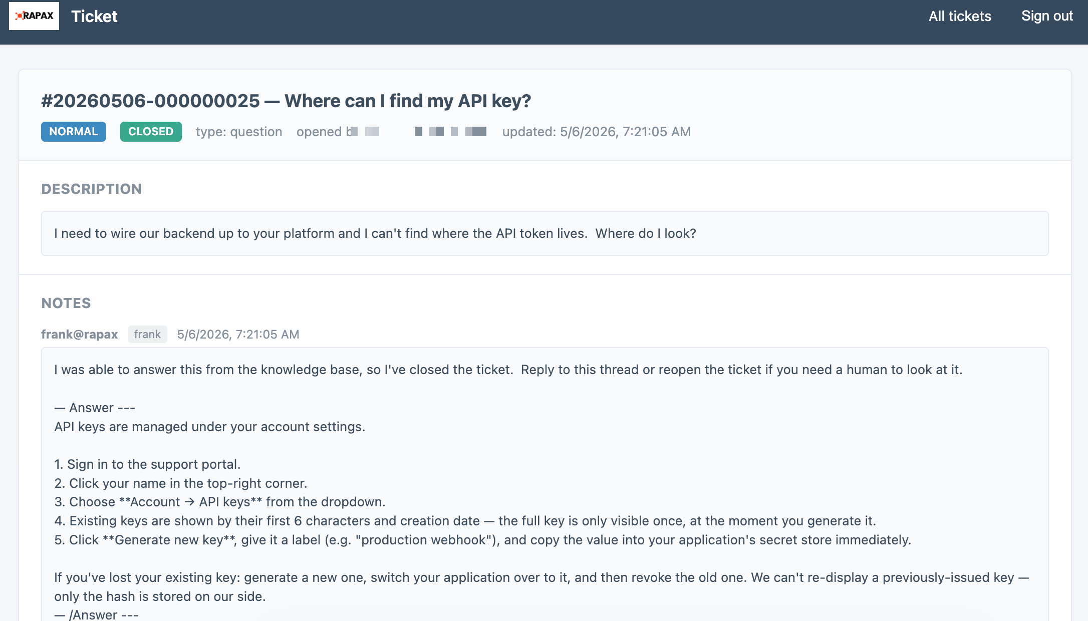 Frank AI agent auto-closing a support ticket with an answer retrieved from the Rapax knowledge base