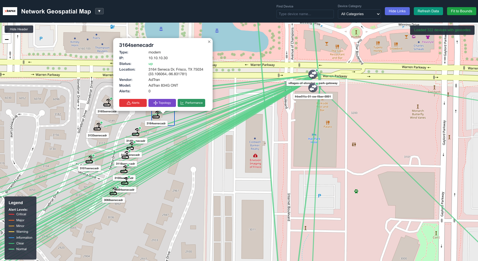 Rapax geospatial network map showing FTTH ONTs and fiber links across a residential service area
