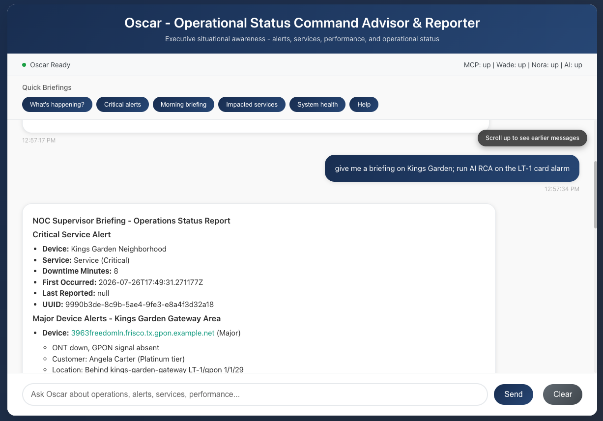 Oscar AI agent generating a NOC supervisor briefing with root cause analysis for an OLT card alarm
