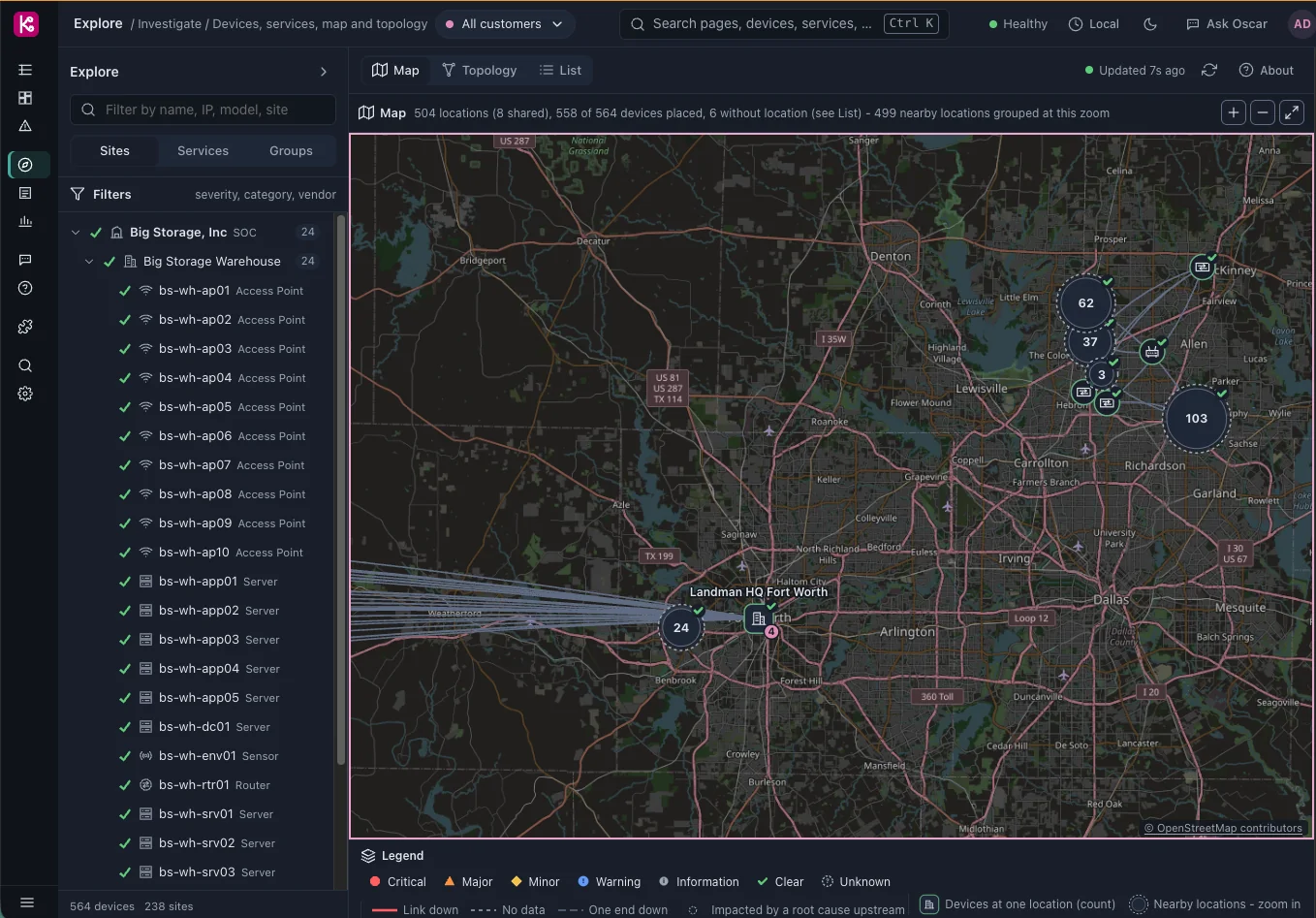 Kraken Online map view: demo customer sites and devices placed across the Dallas–Fort Worth area