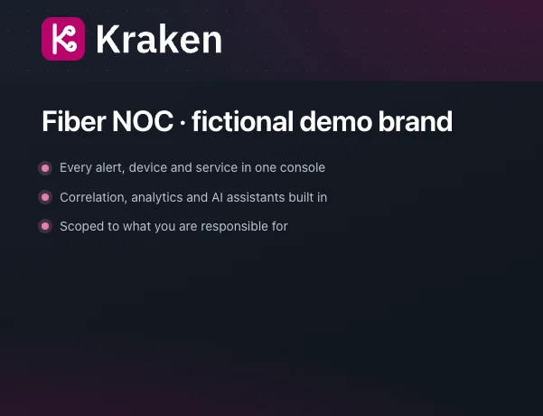 Kraken Online sign-in page: the NOC console of Kraken Communications, a fictional managed service provider running Rapax 2.0 under its own brand