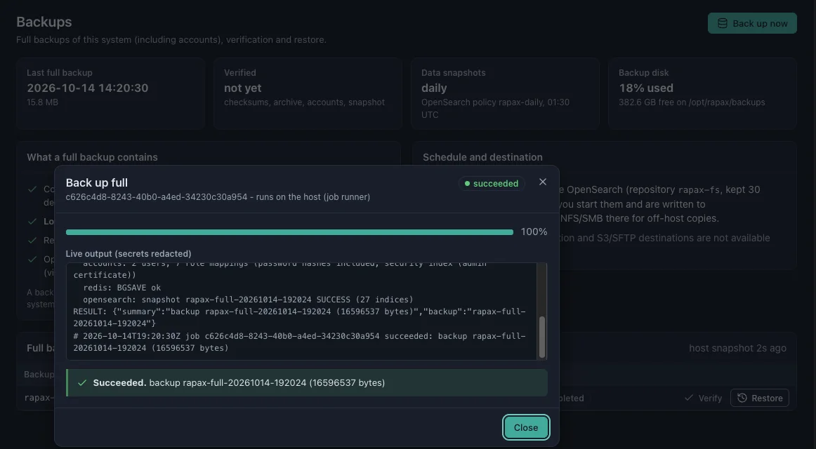 Full backup completed and verified from the browser with live output