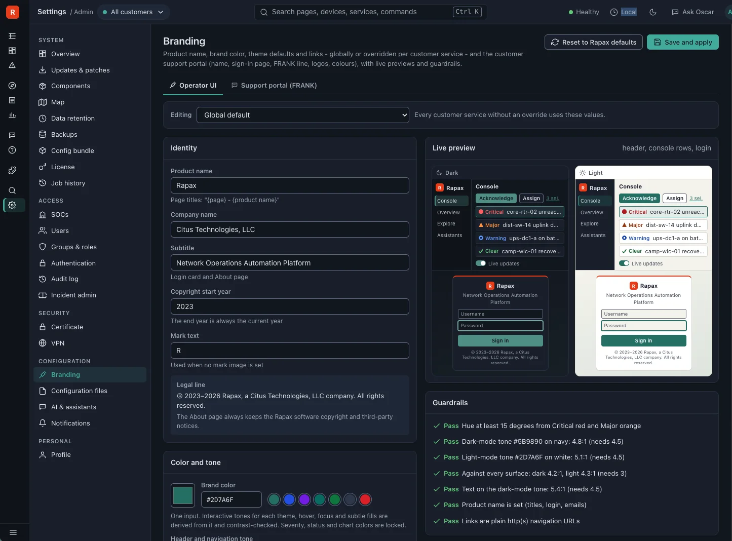 Branding settings with live light and dark previews and contrast checks