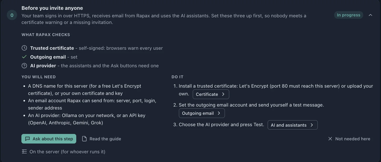 Get Started checklist: Rapax checks the certificate, outgoing email and AI provider before you invite anyone