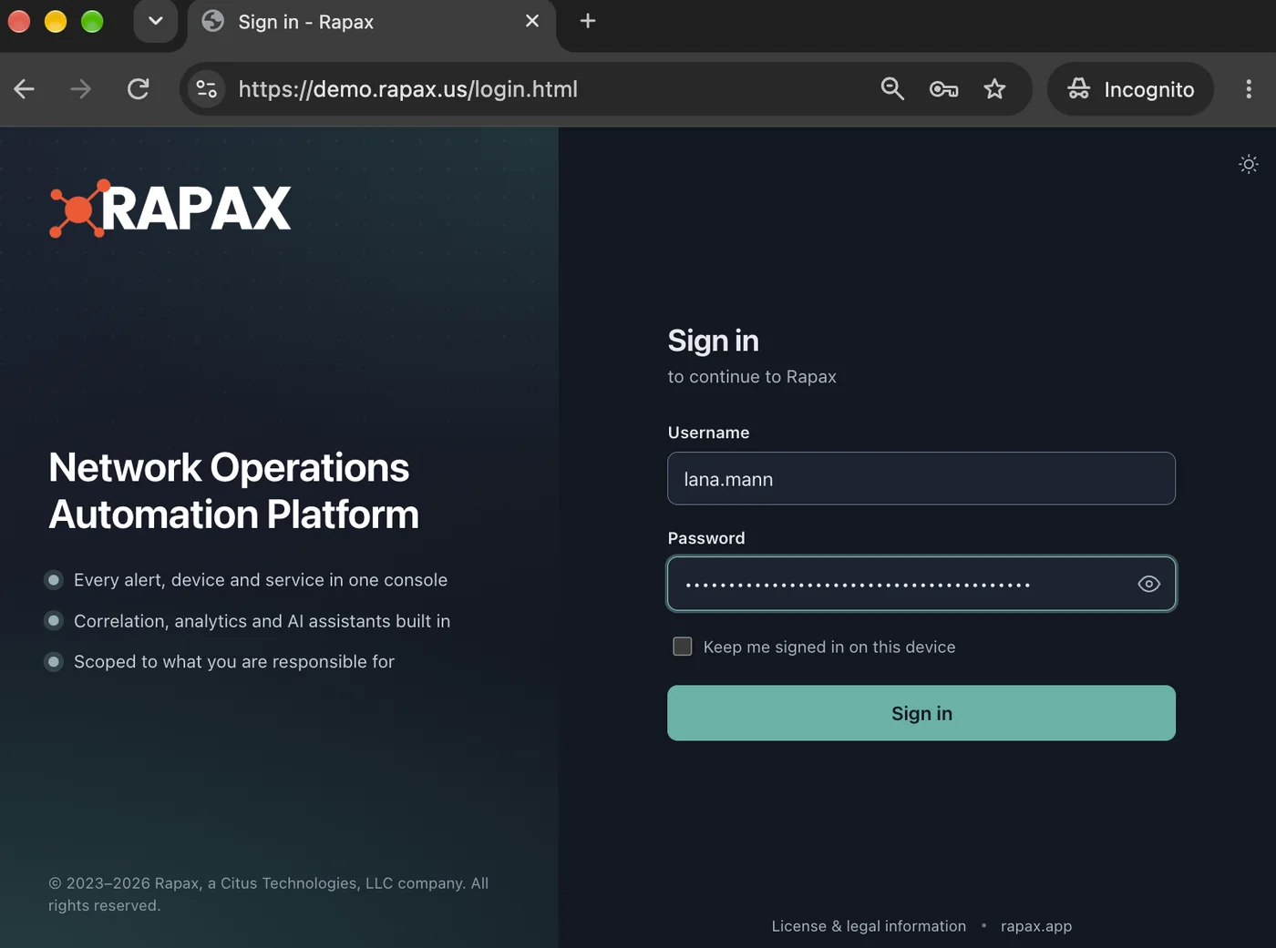 Customer sign-in page on the shared Rapax URL