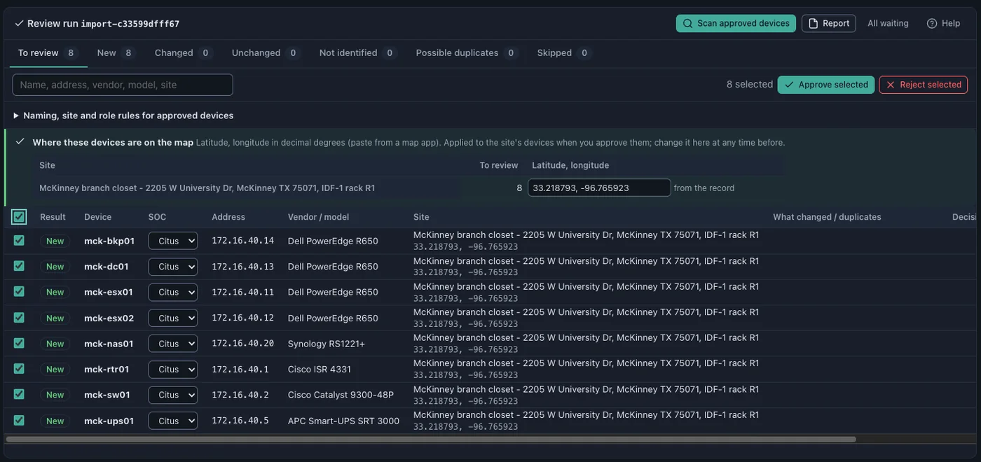 Nora proposal review: devices and links waiting for approval before anything is monitored
