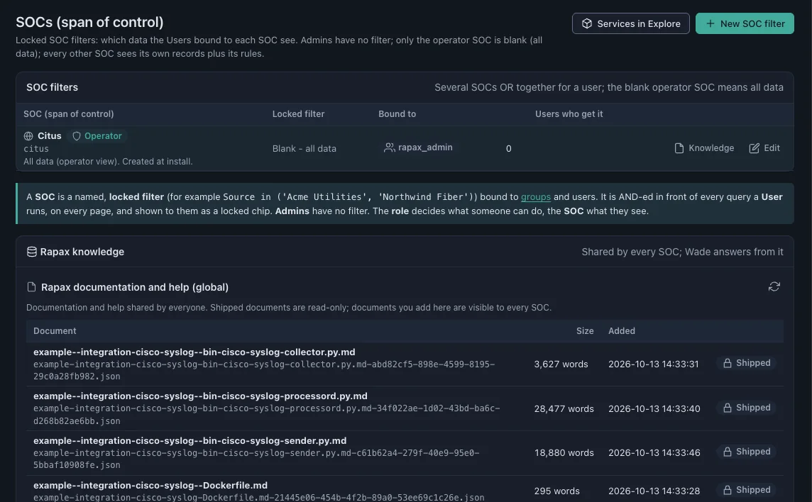 SOC settings: locked span-of-control filters that scope each user to their own customer data