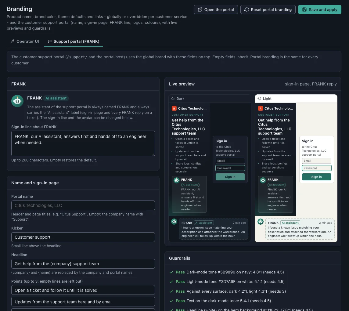 Customer support portal branding with FRANK, the AI assistant, previewed in light and dark mode