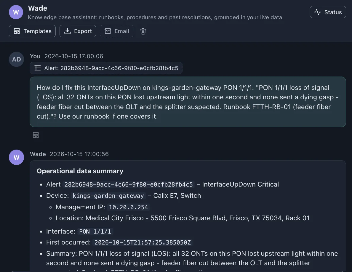 Wade answering how to fix a fiber cut from the operator runbook, with the source cited