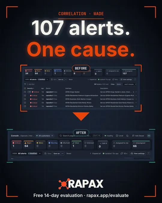 Video: One Fiber Cut, One Cause. 107 alerts collapse to one root cause, with the runbook fix.